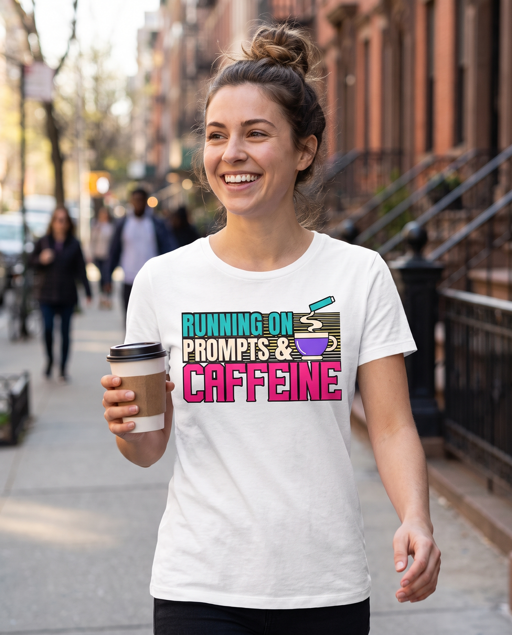 RUNNING ON PROMPTS & CAFFEINE tee — white, street coffee lifestyle