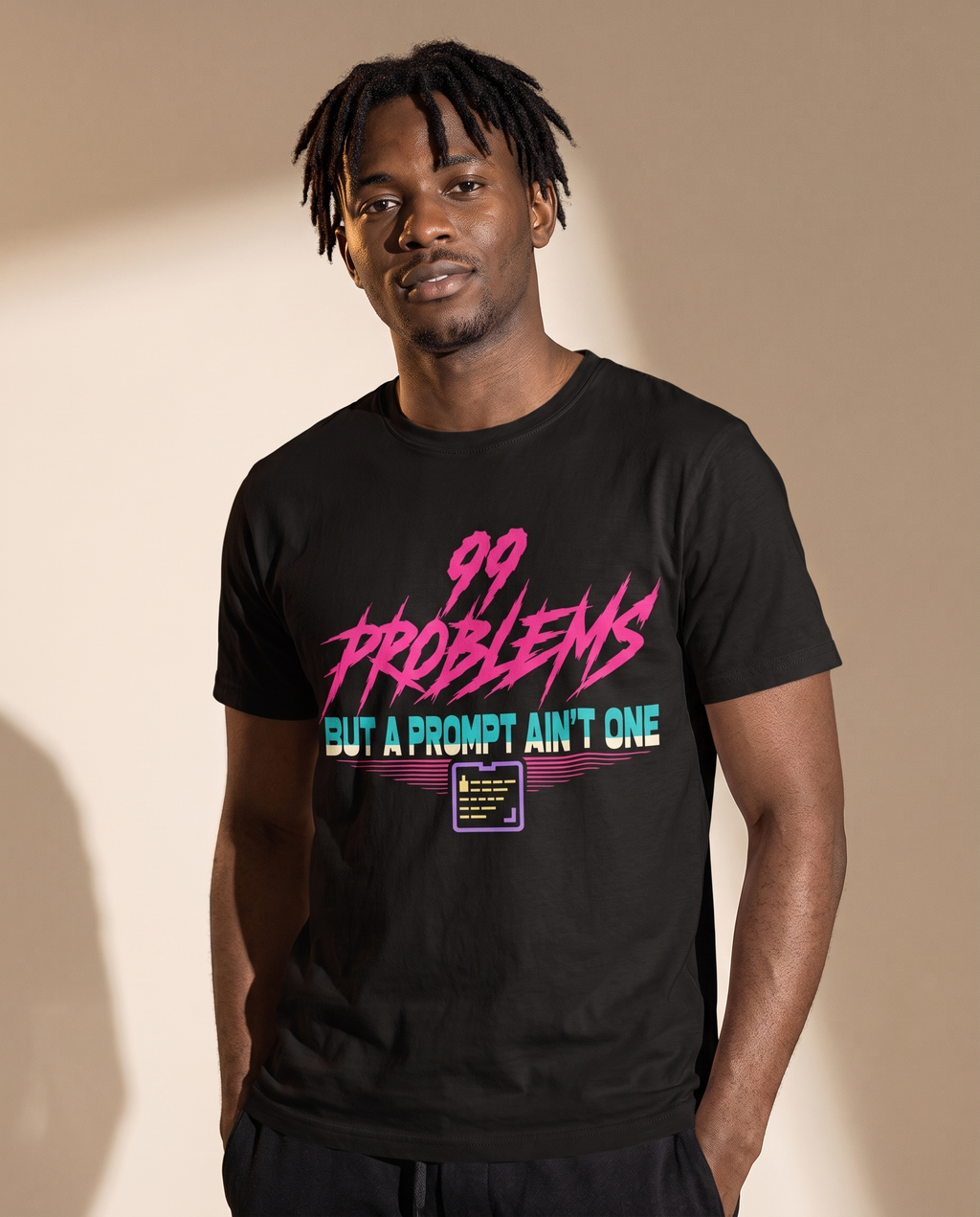 99 PROBLEMS BUT A PROMPT AIN'T ONE tee — black, angle view