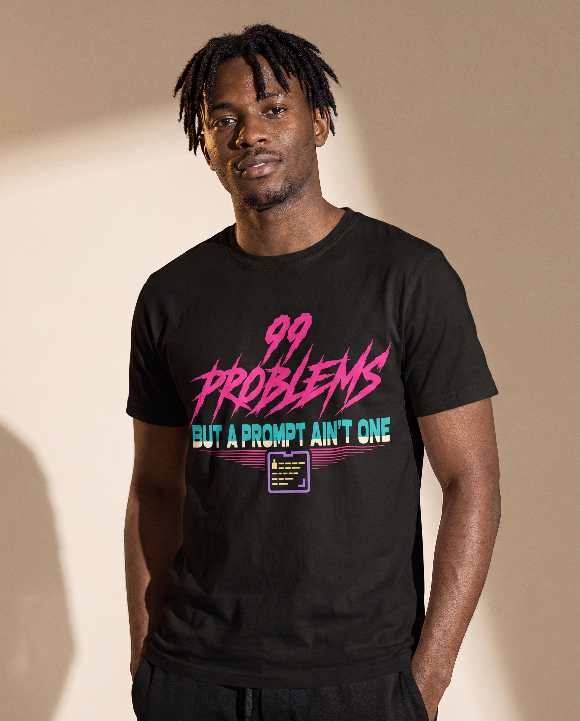 99 PROBLEMS BUT A PROMPT AIN'T ONE tee — black, angle view