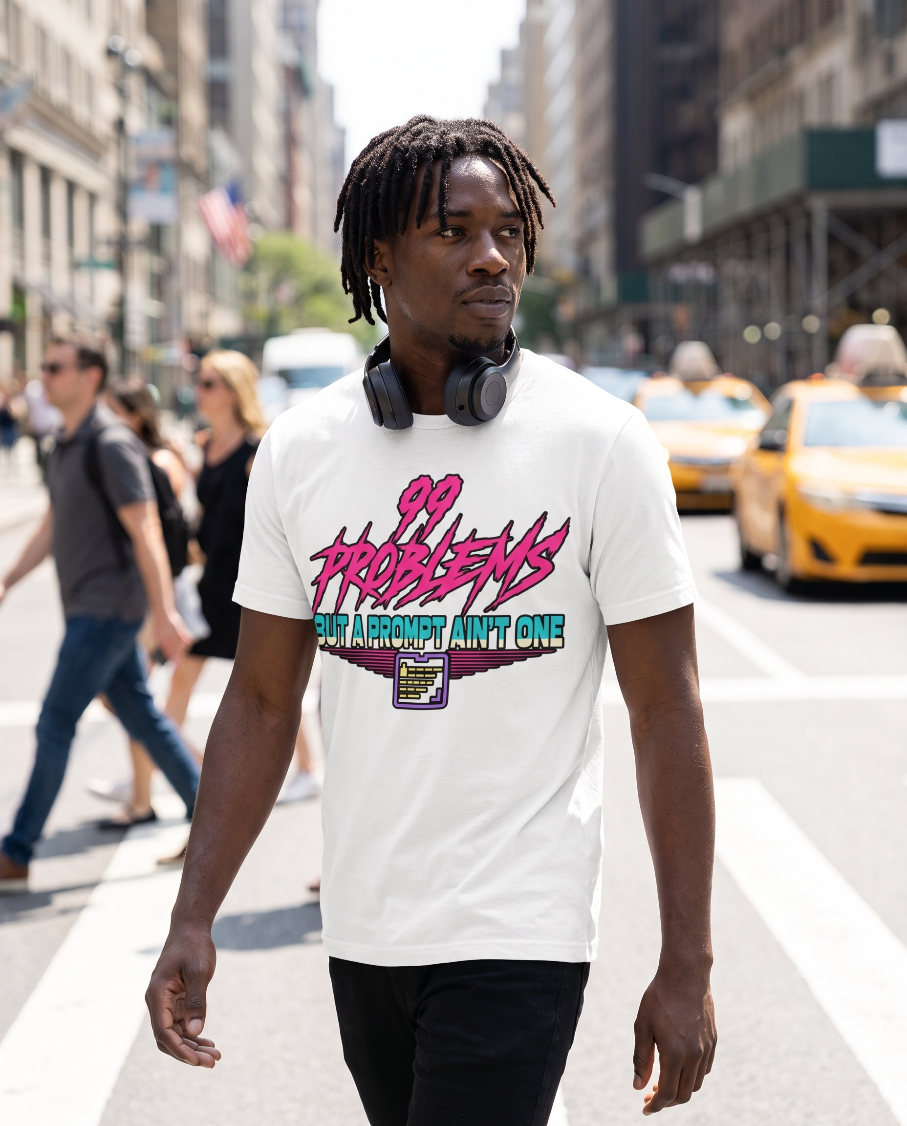 99 PROBLEMS BUT A PROMPT AIN'T ONE tee — white, street lifestyle