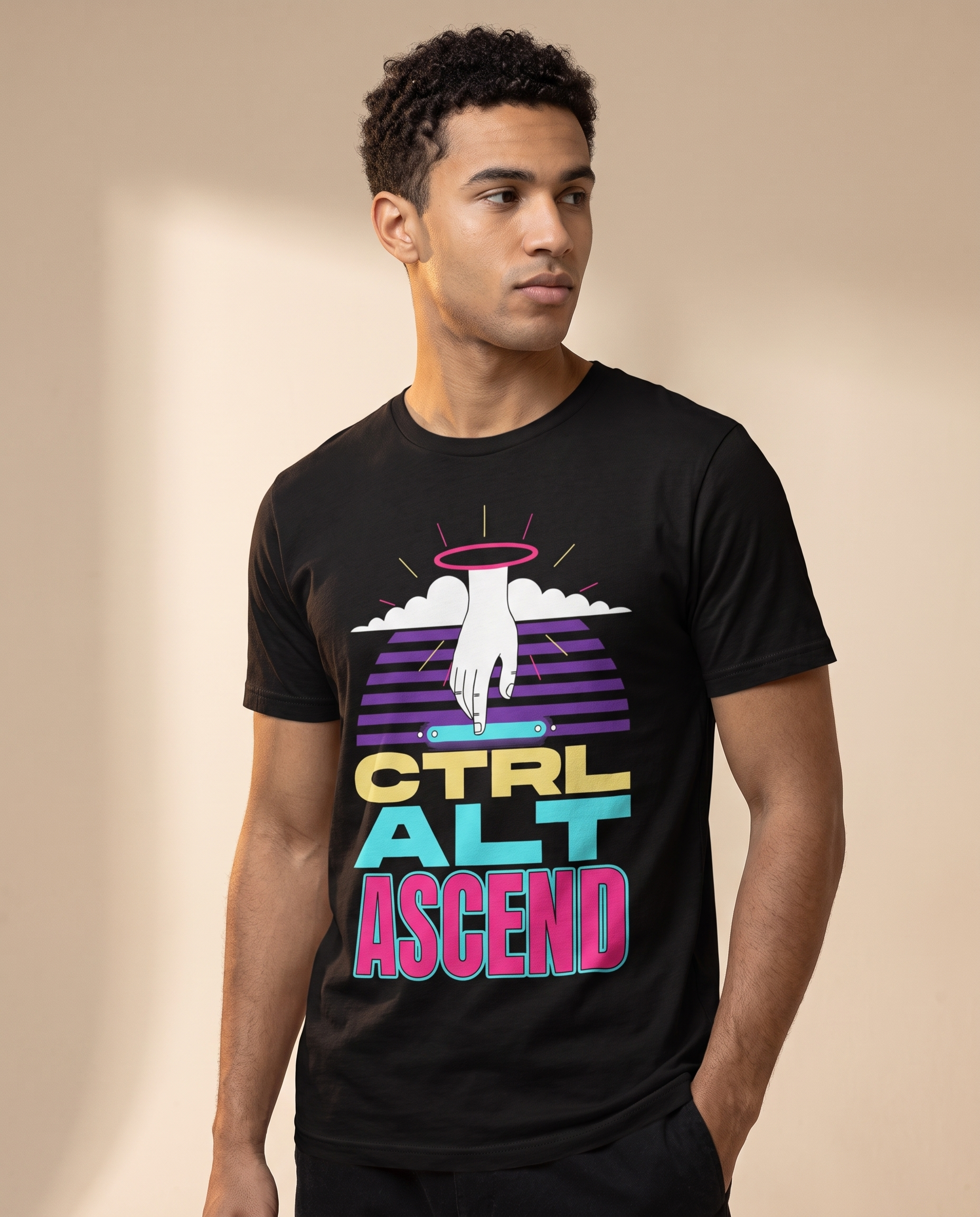 CTRL ALT ASCEND tee — black, angle view