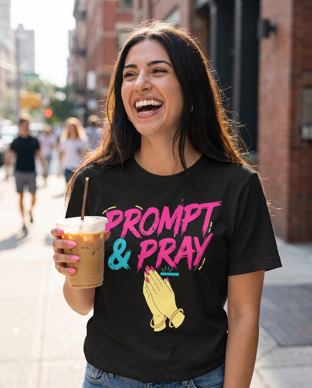 PROMPT & PRAY women's tee in black — lifestyle shot