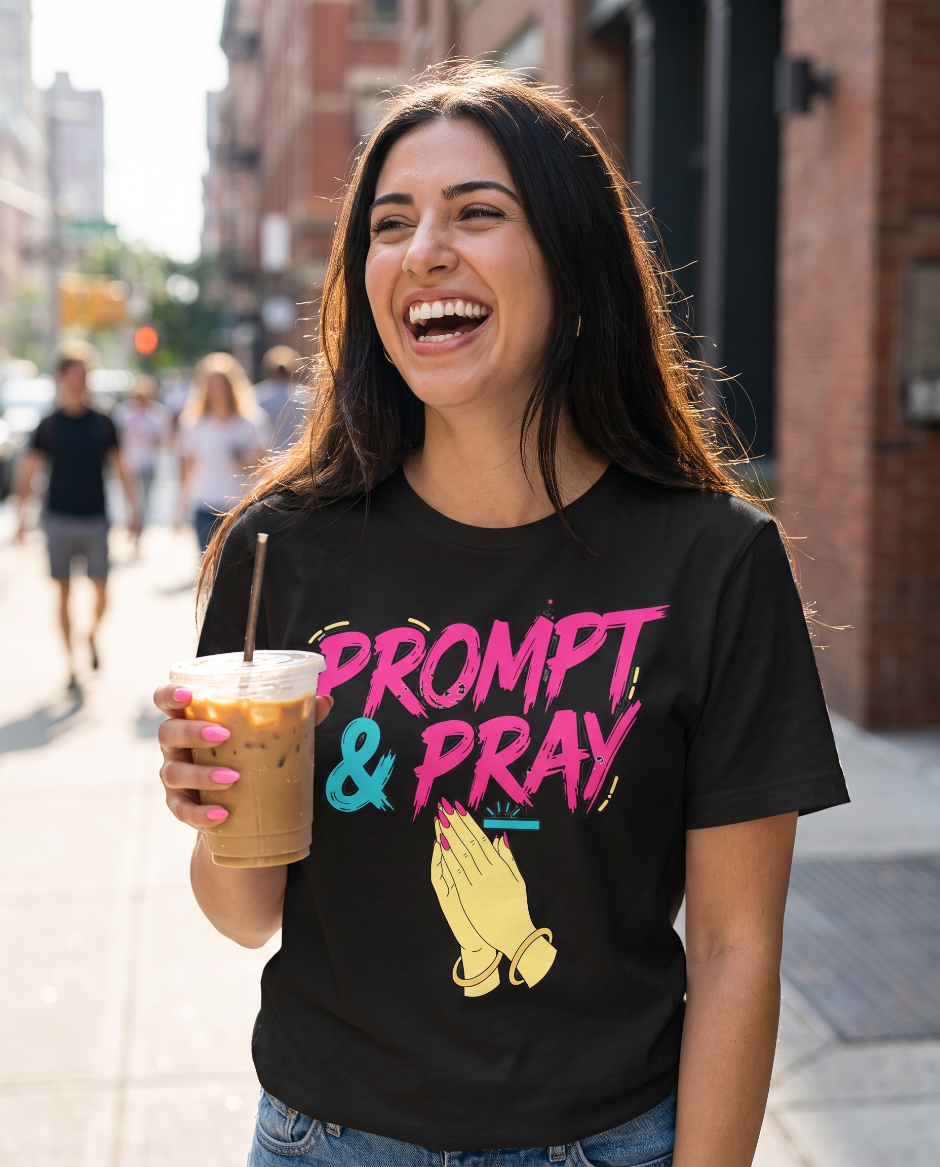 PROMPT & PRAY women's tee in black — lifestyle shot