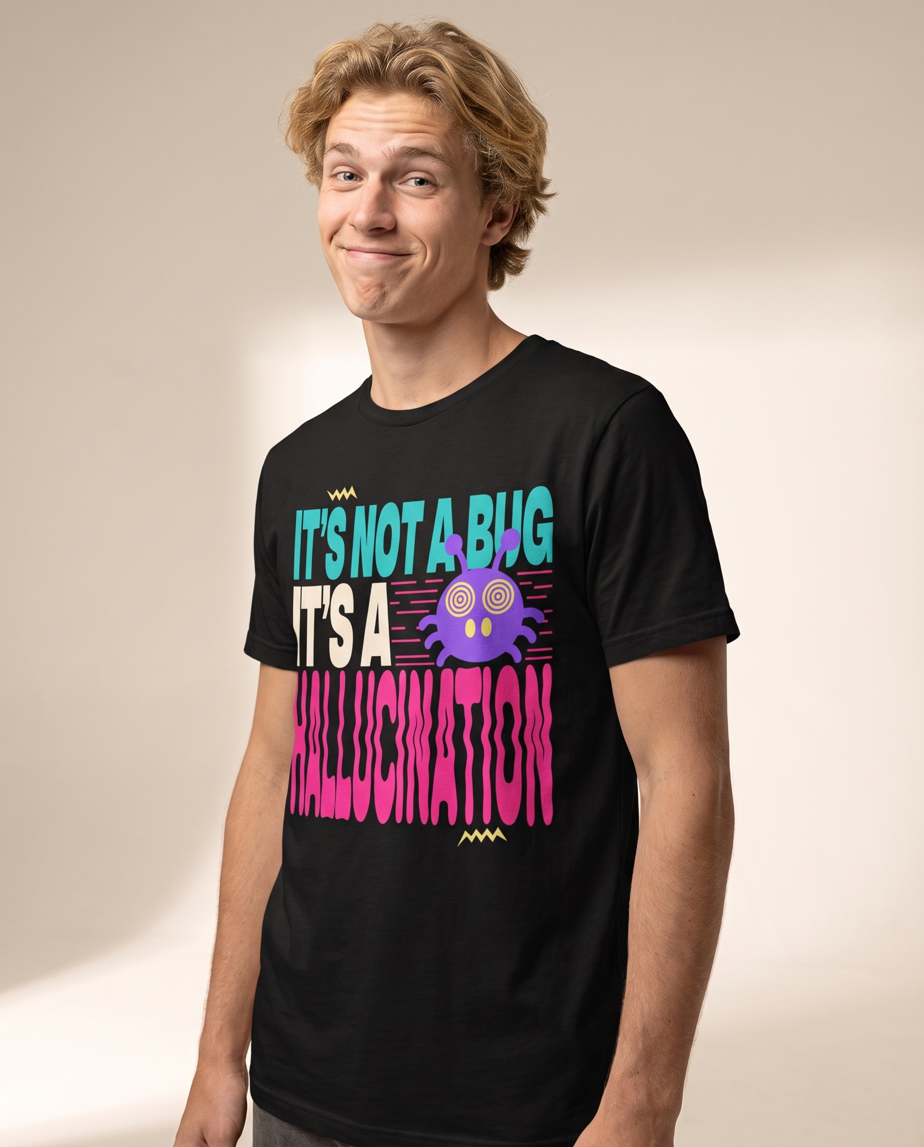 IT'S NOT A BUG IT'S A HALLUCINATION tee — black, angle view
