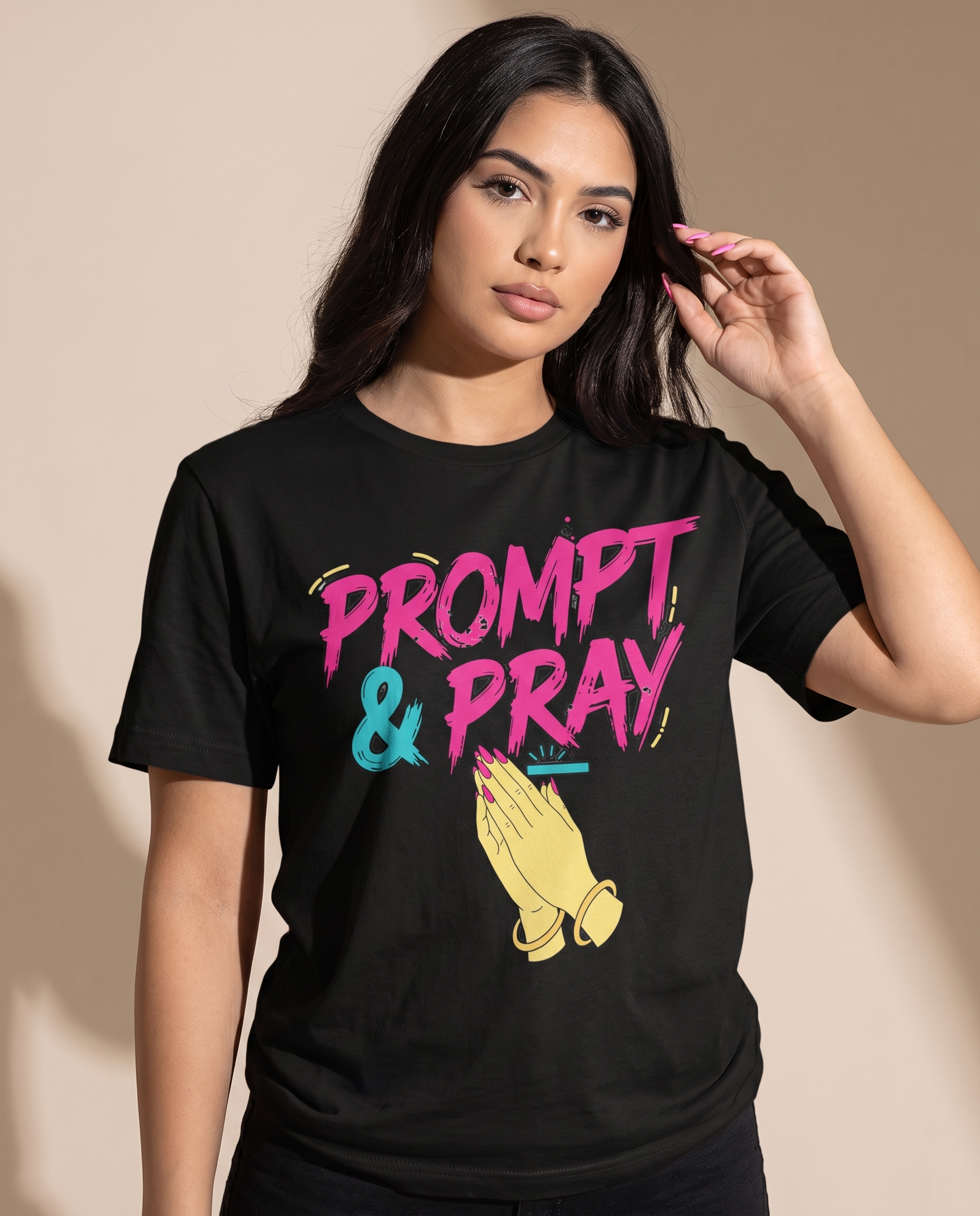 PROMPT & PRAY women's tee in black — angle detail