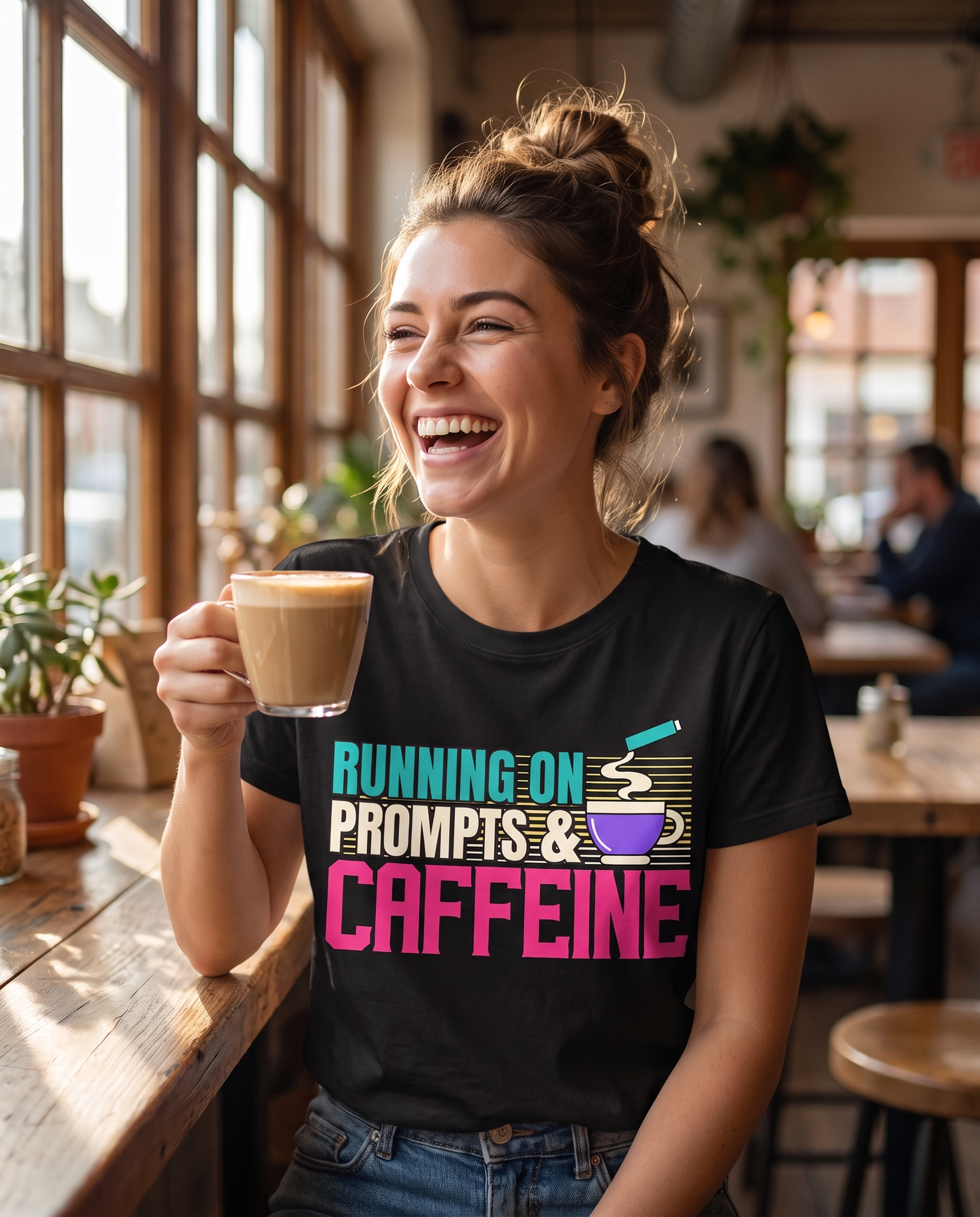 RUNNING ON PROMPTS & CAFFEINE tee — black, café lifestyle
