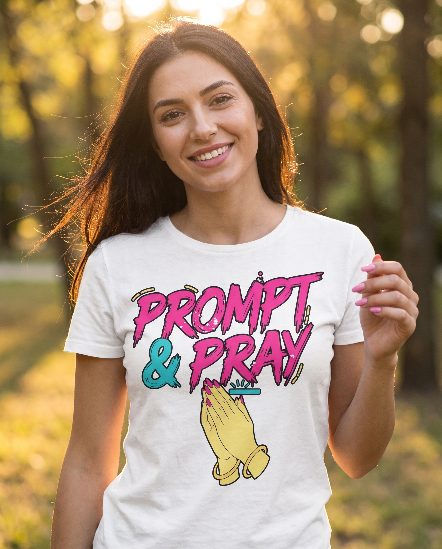 PROMPT & PRAY women's tee in white — lifestyle shot