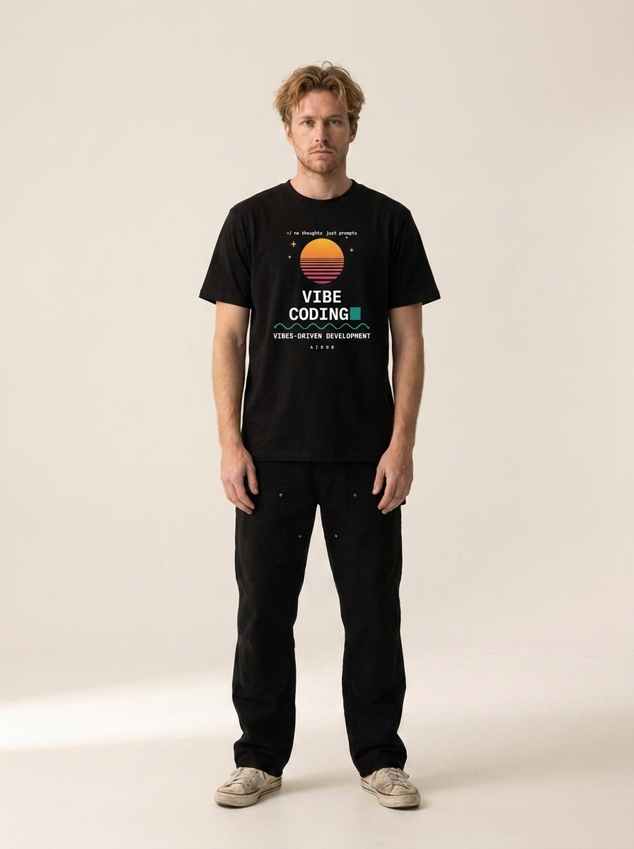 OUTPUT №0013 · VIBE CODING Tee — Retro Sunset Developer Shirt