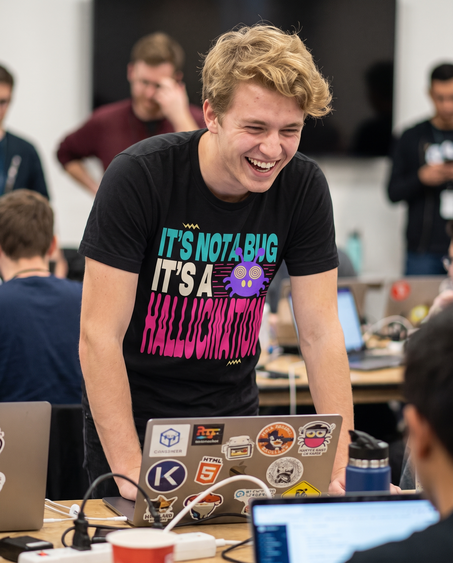 IT'S NOT A BUG IT'S A HALLUCINATION tee — black, hackathon lifestyle