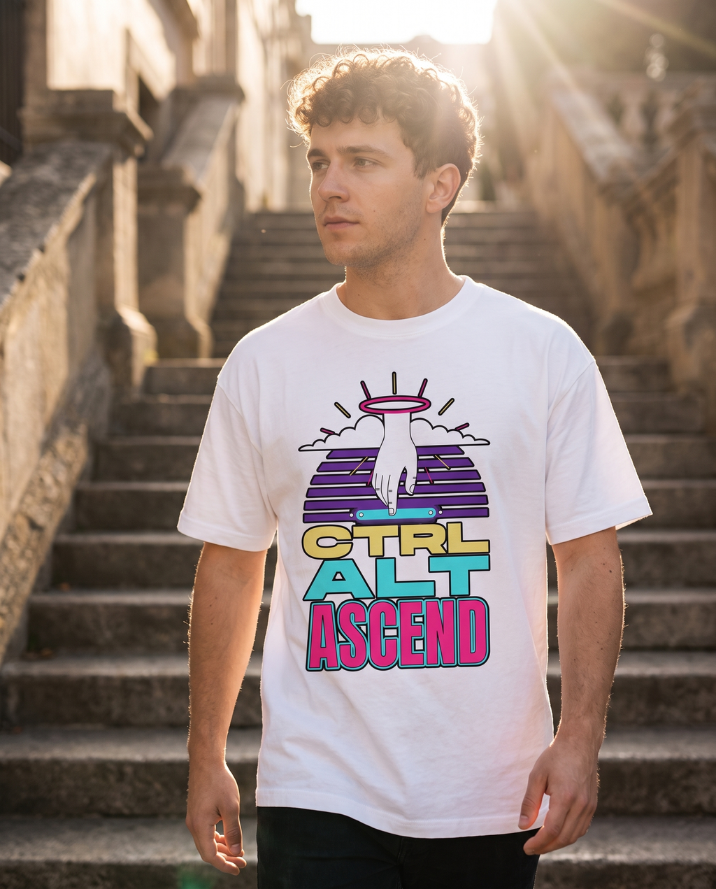 CTRL ALT ASCEND tee — white, stairs lifestyle
