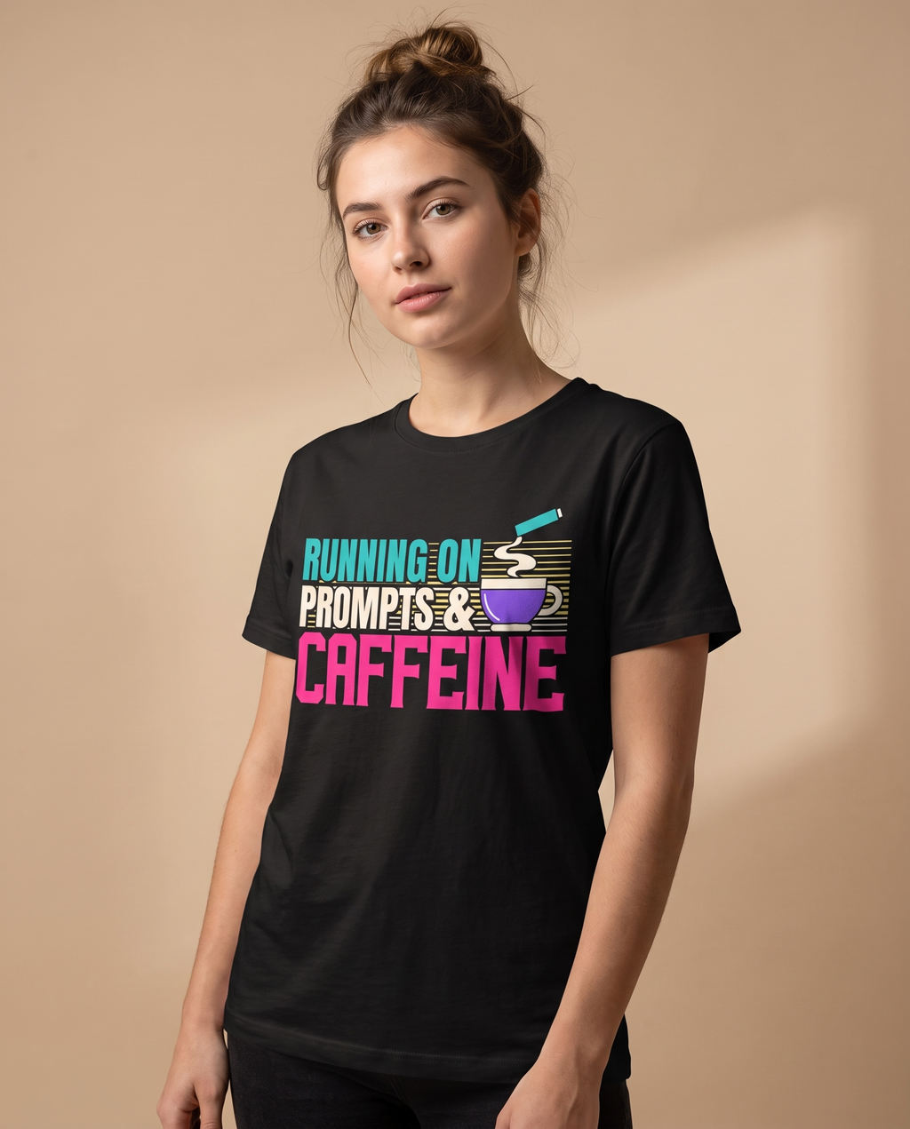 RUNNING ON PROMPTS & CAFFEINE tee — black, angle view