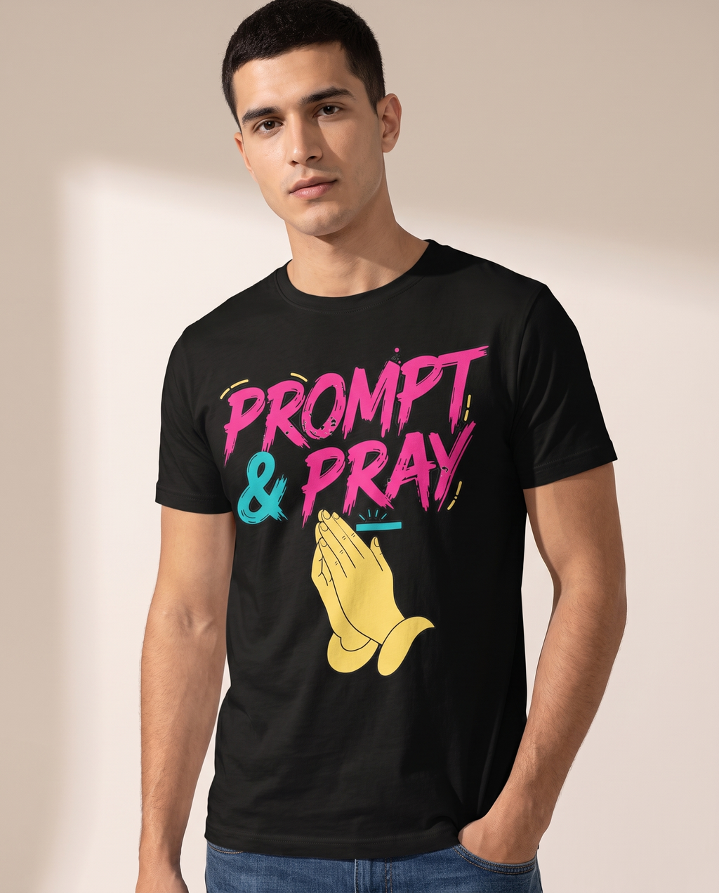 PROMPT & PRAY retro tee — black, angle view