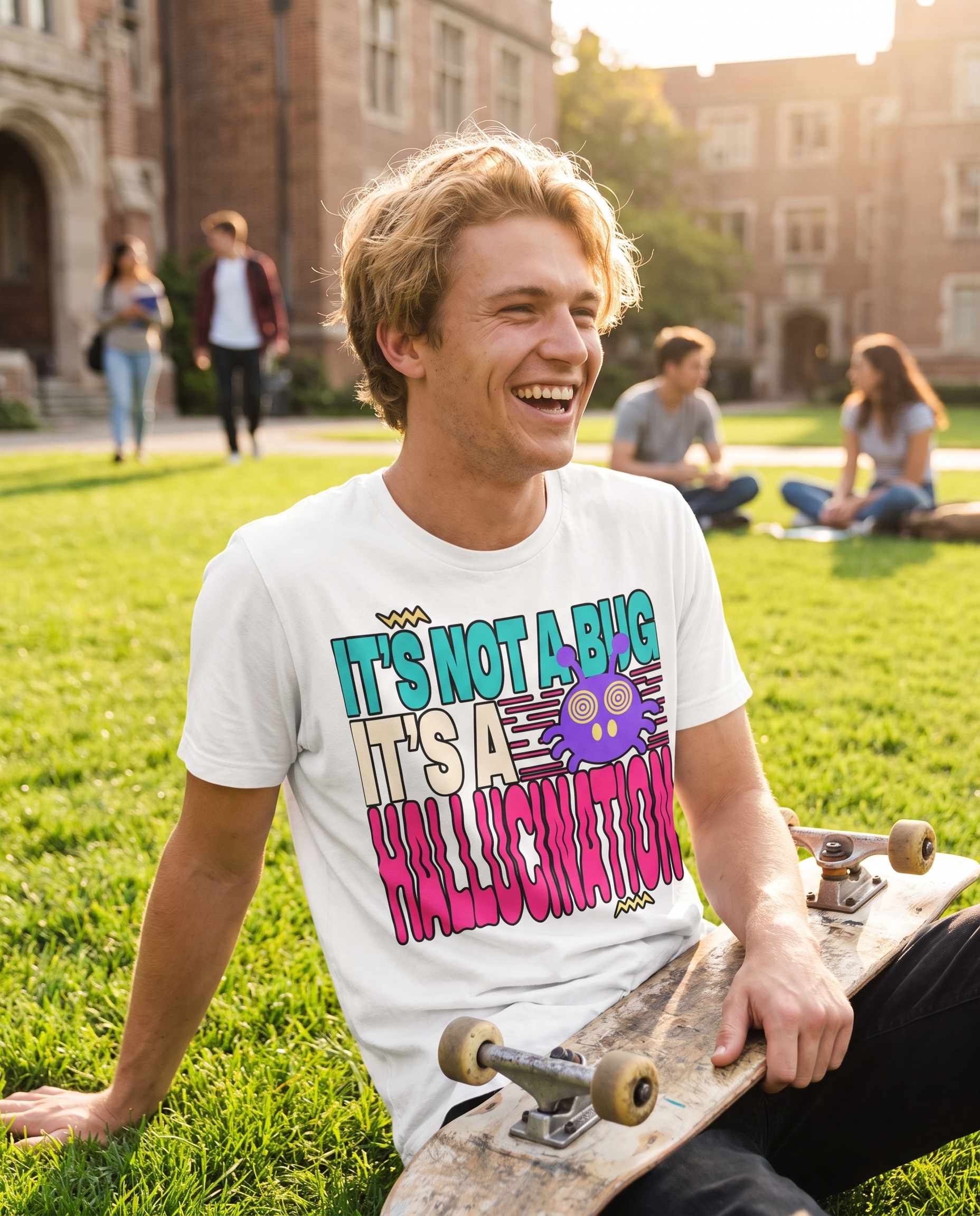 IT'S NOT A BUG IT'S A HALLUCINATION tee — white, campus lifestyle