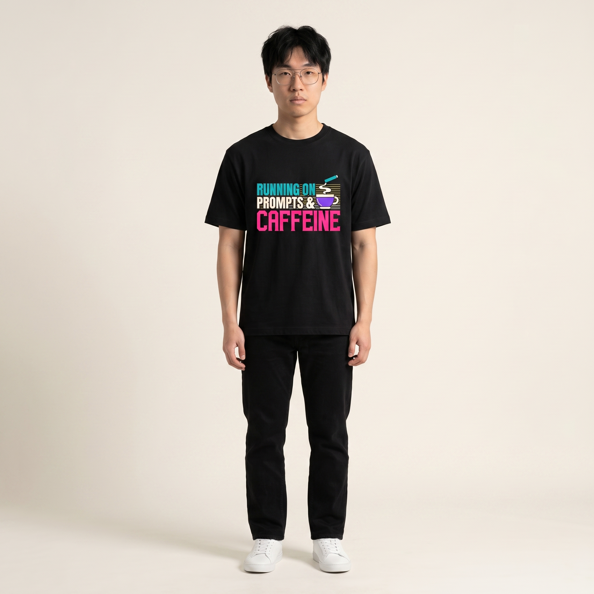 OUTPUT №0021 · RUNNING ON PROMPTS & CAFFEINE Tee — AI Developer Shirt