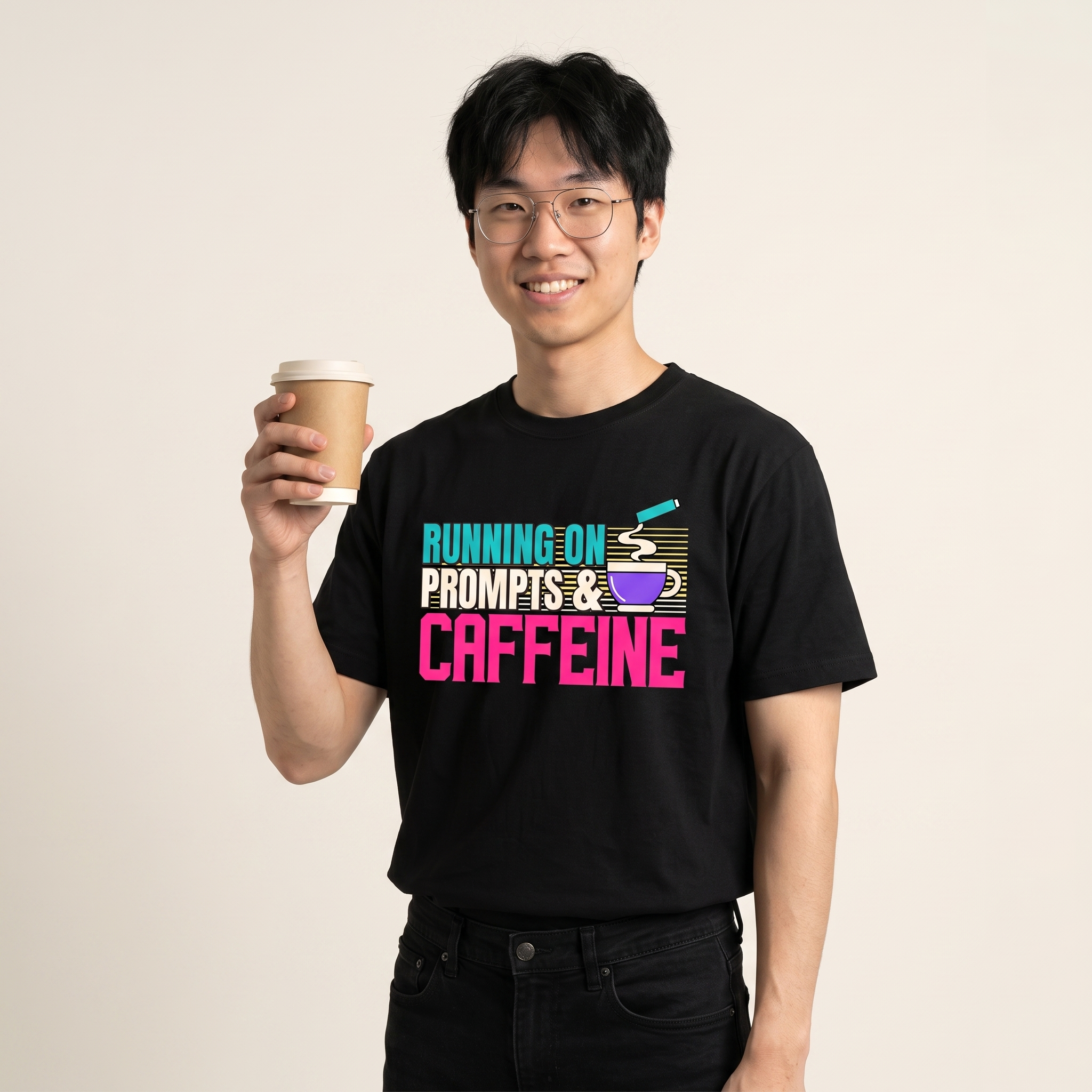 OUTPUT №0021 · RUNNING ON PROMPTS & CAFFEINE Tee — AI Developer Shirt