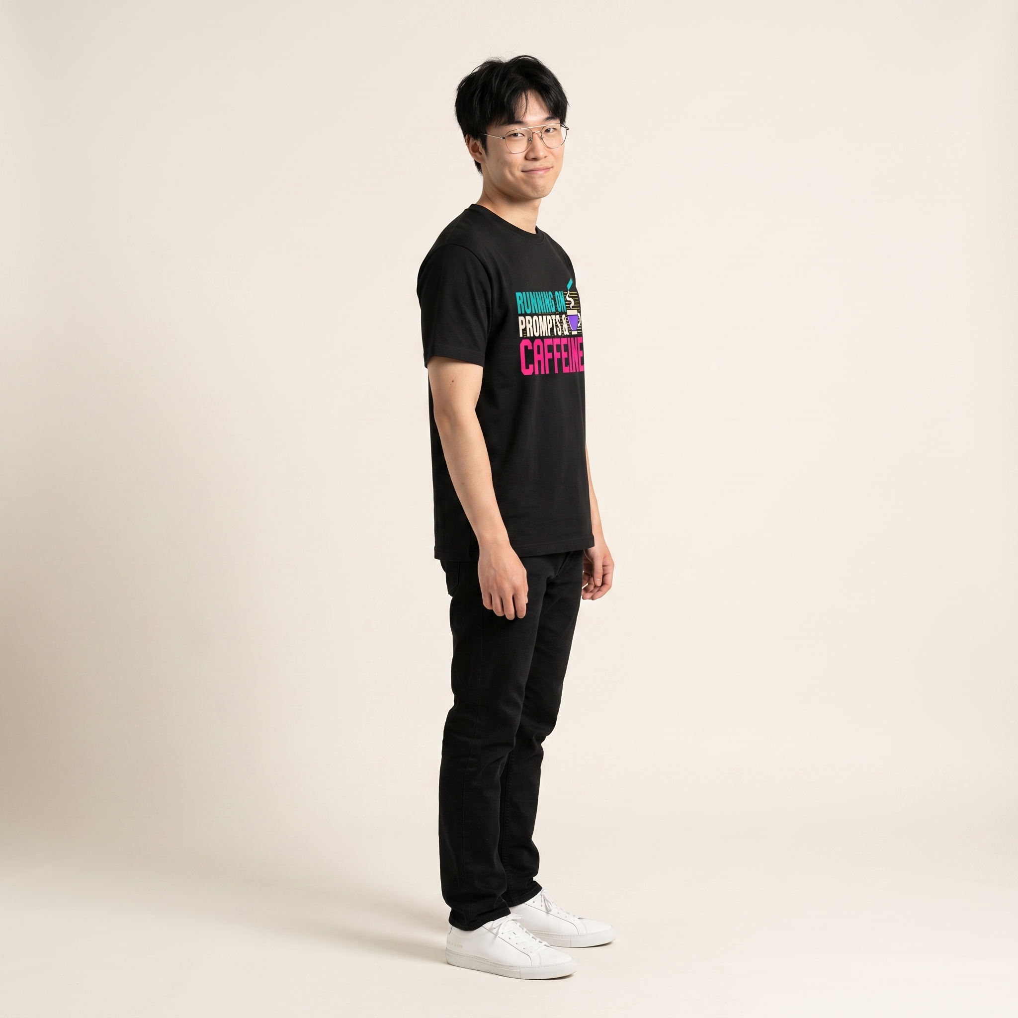 OUTPUT №0021 · RUNNING ON PROMPTS & CAFFEINE Tee — AI Developer Shirt