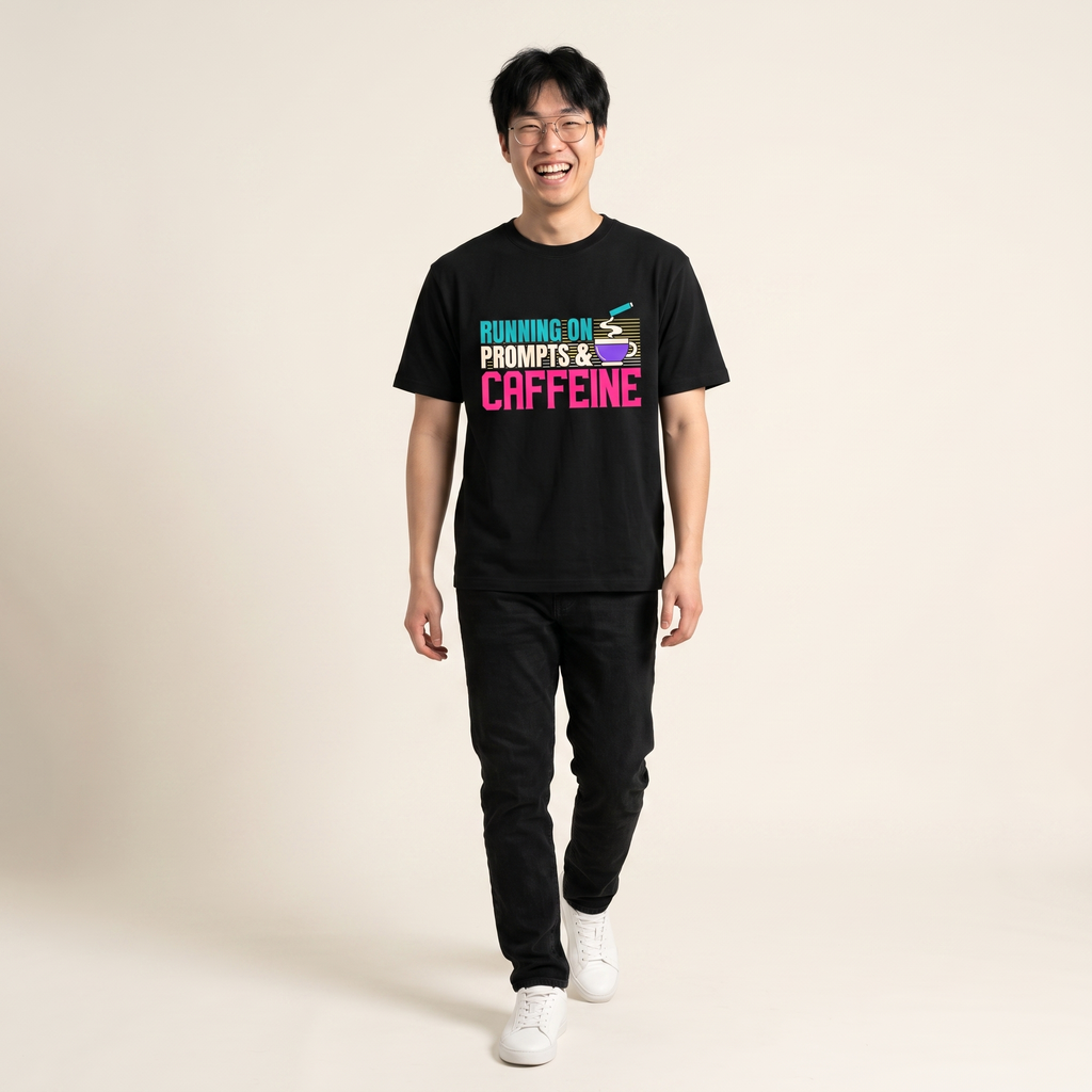 OUTPUT №0021 · RUNNING ON PROMPTS & CAFFEINE Tee — AI Developer Shirt