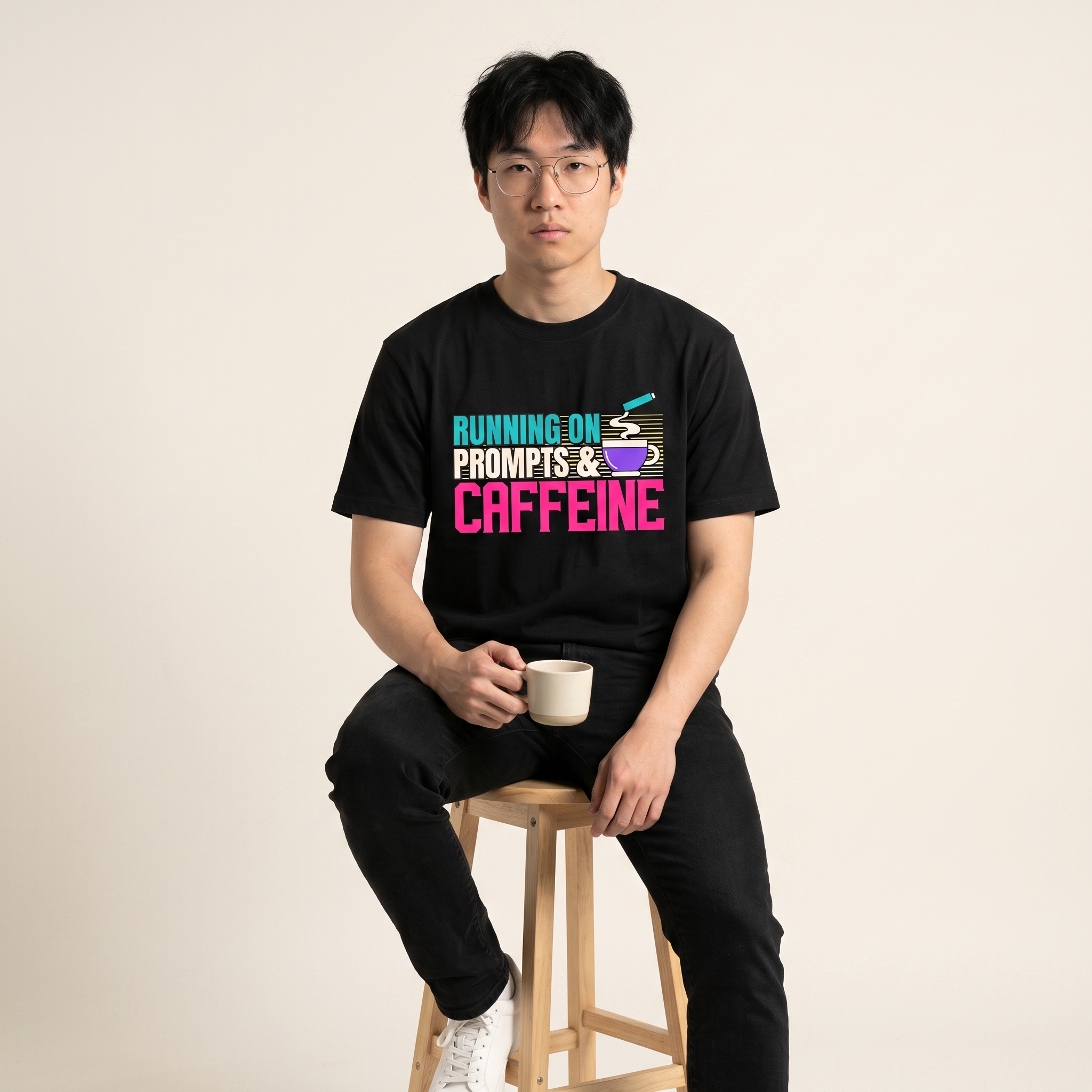 OUTPUT №0021 · RUNNING ON PROMPTS & CAFFEINE Tee — AI Developer Shirt