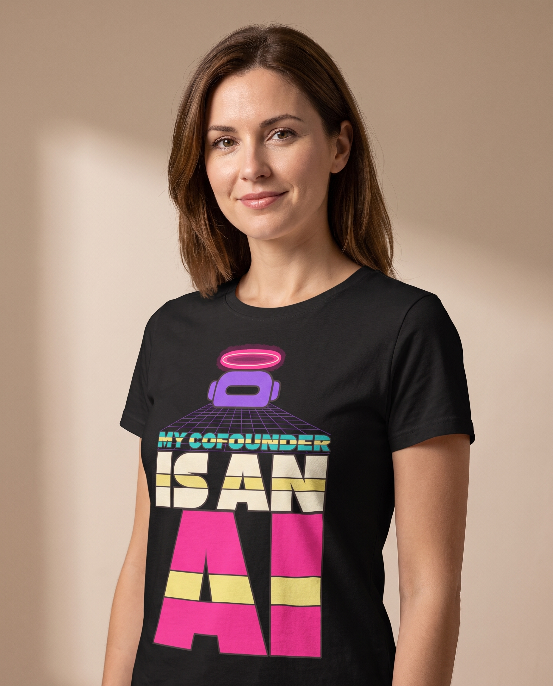 MY COFOUNDER IS AN AI tee — black, angle view