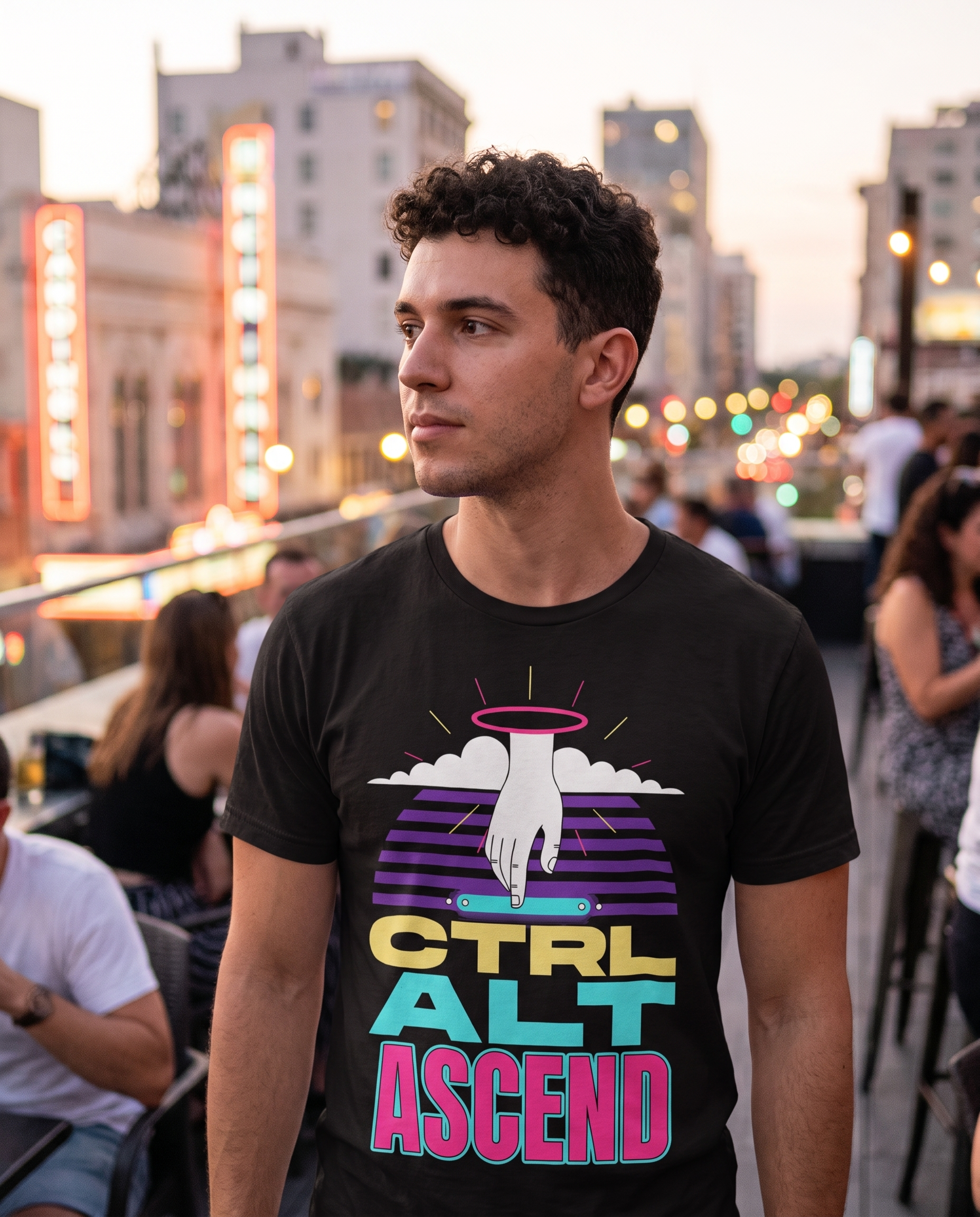 CTRL ALT ASCEND tee — black, city night lifestyle