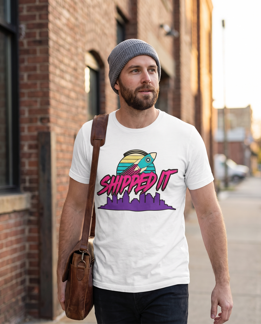 SHIPPED IT tee — white, street lifestyle