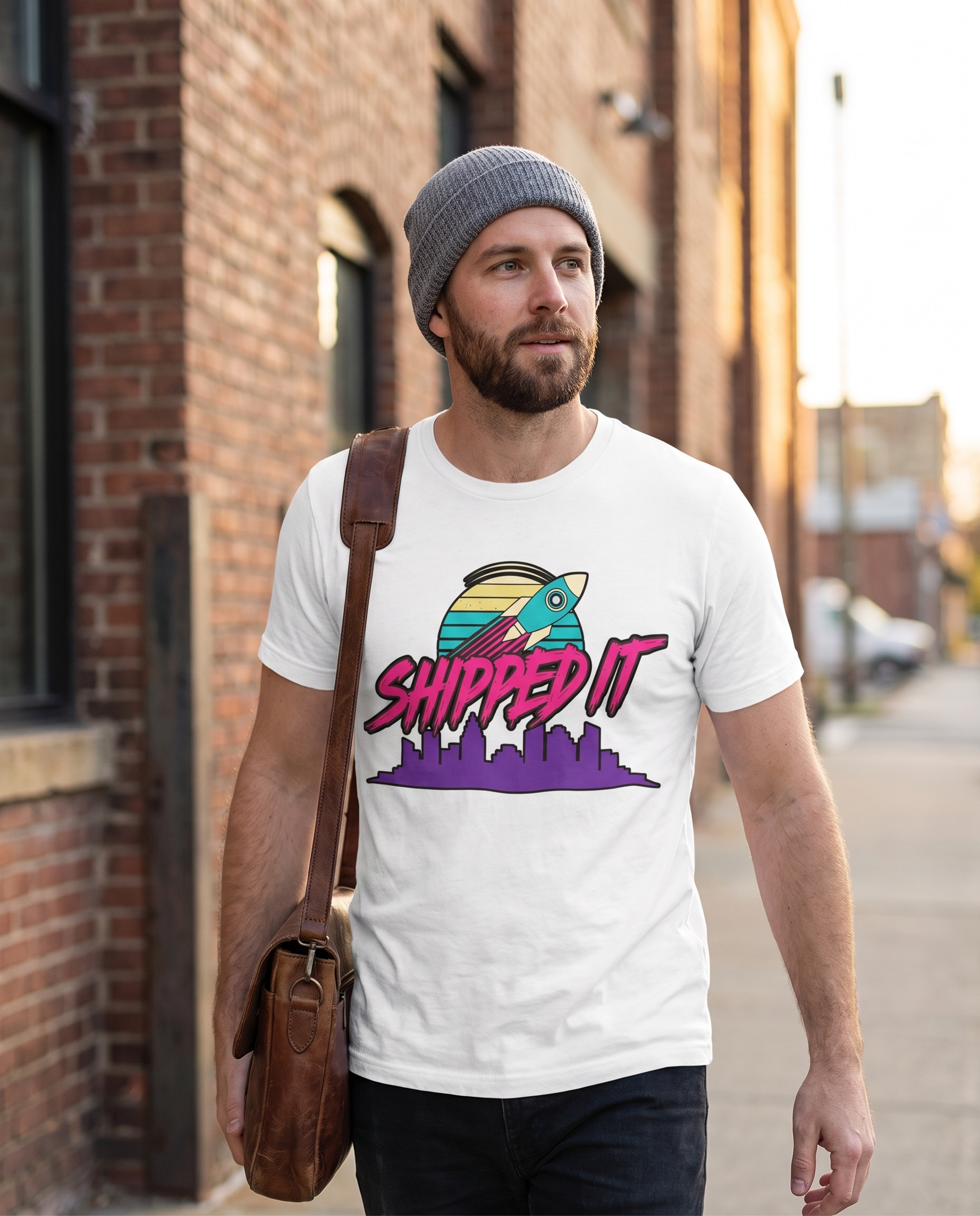 SHIPPED IT tee — white, street lifestyle