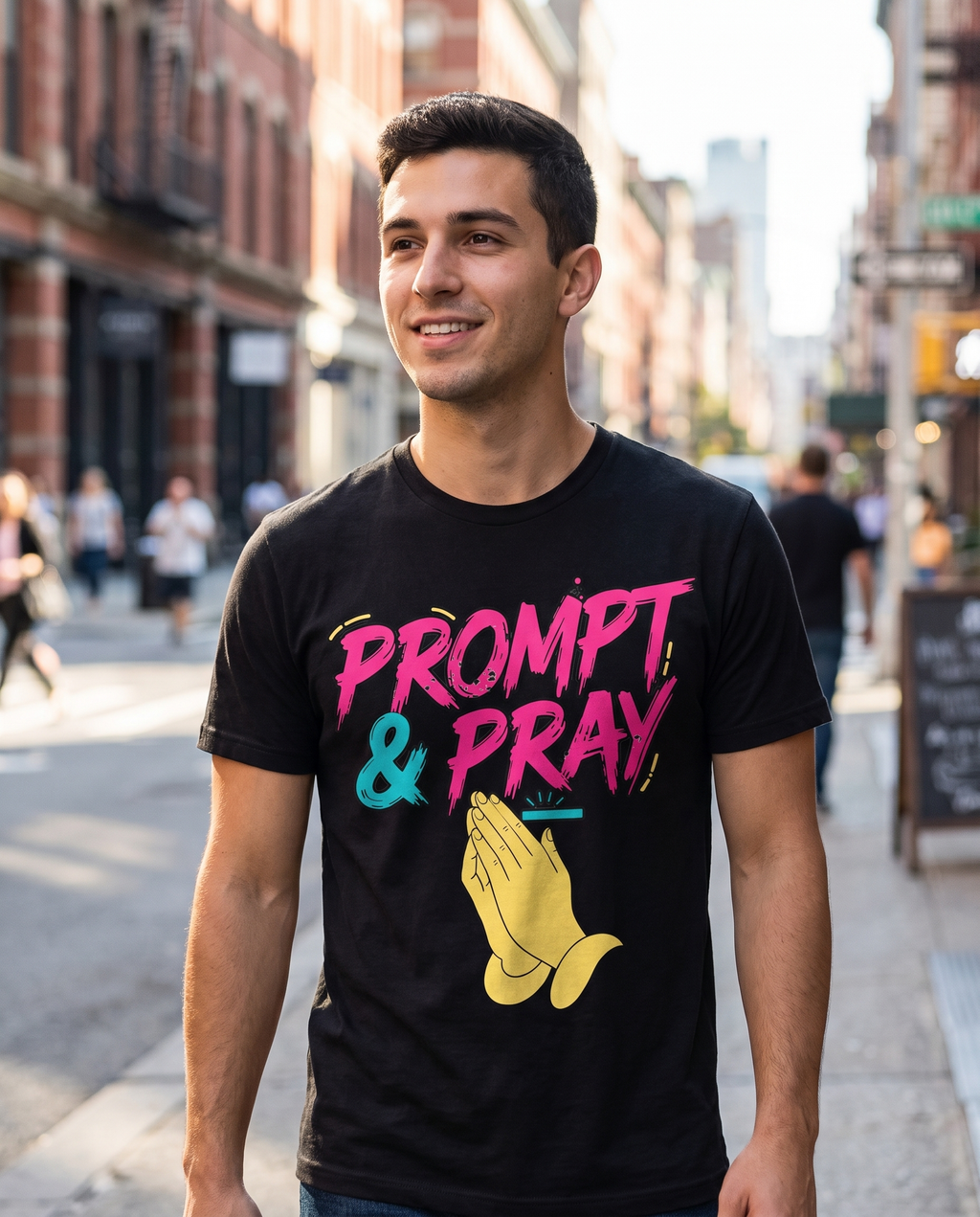 PROMPT & PRAY retro tee — black, city lifestyle