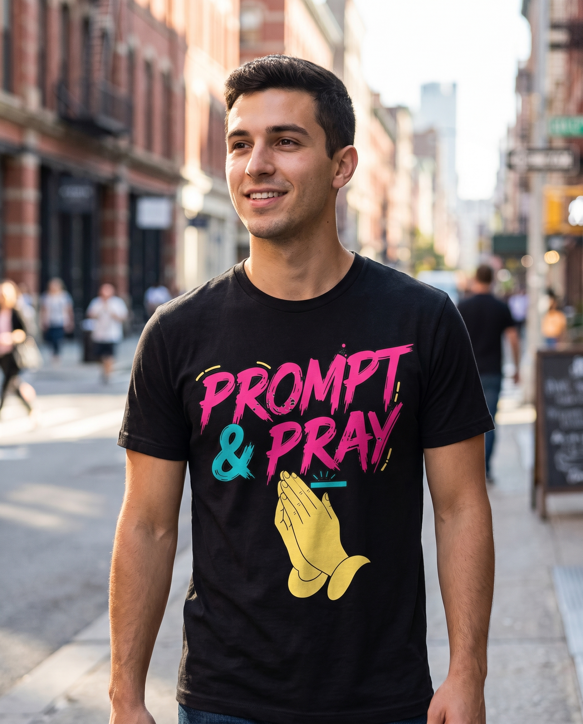PROMPT & PRAY retro tee — black, city lifestyle