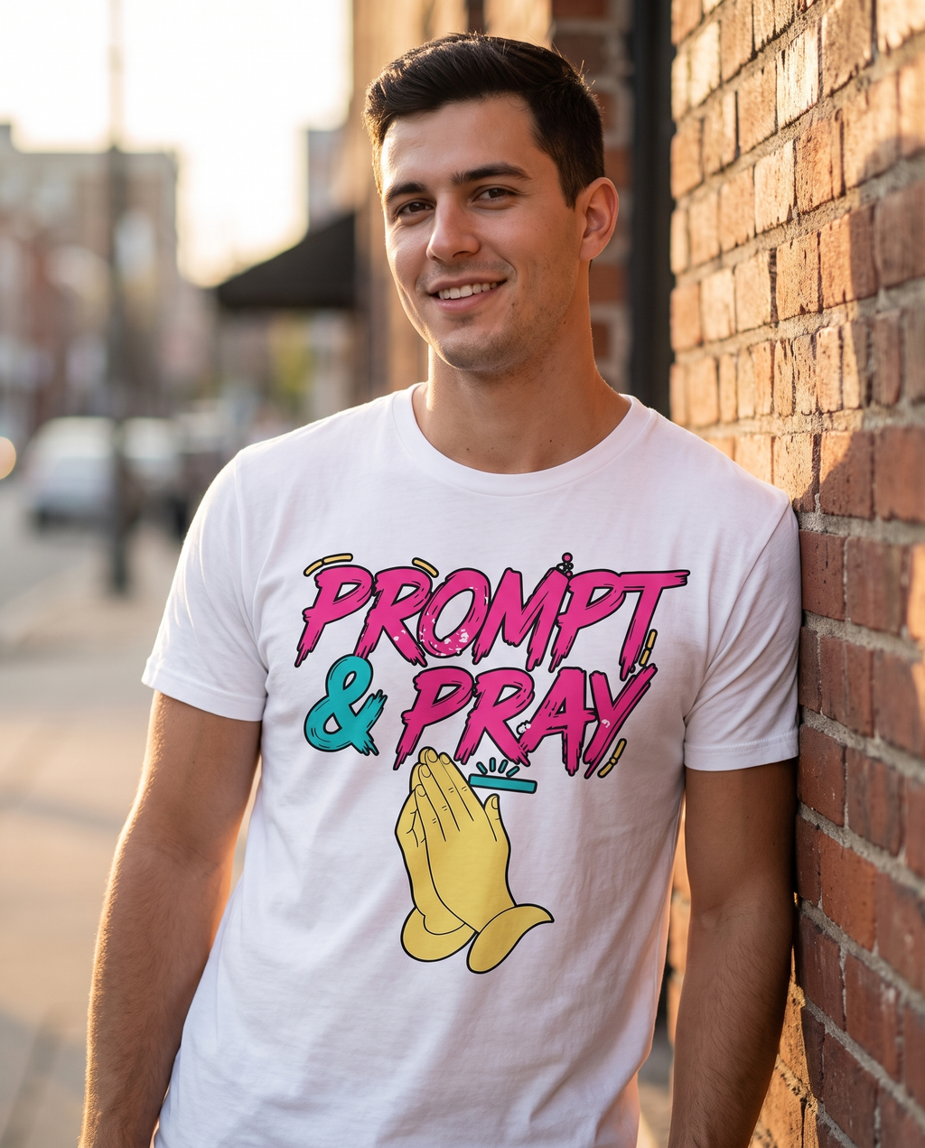 PROMPT & PRAY retro tee — white, city lifestyle