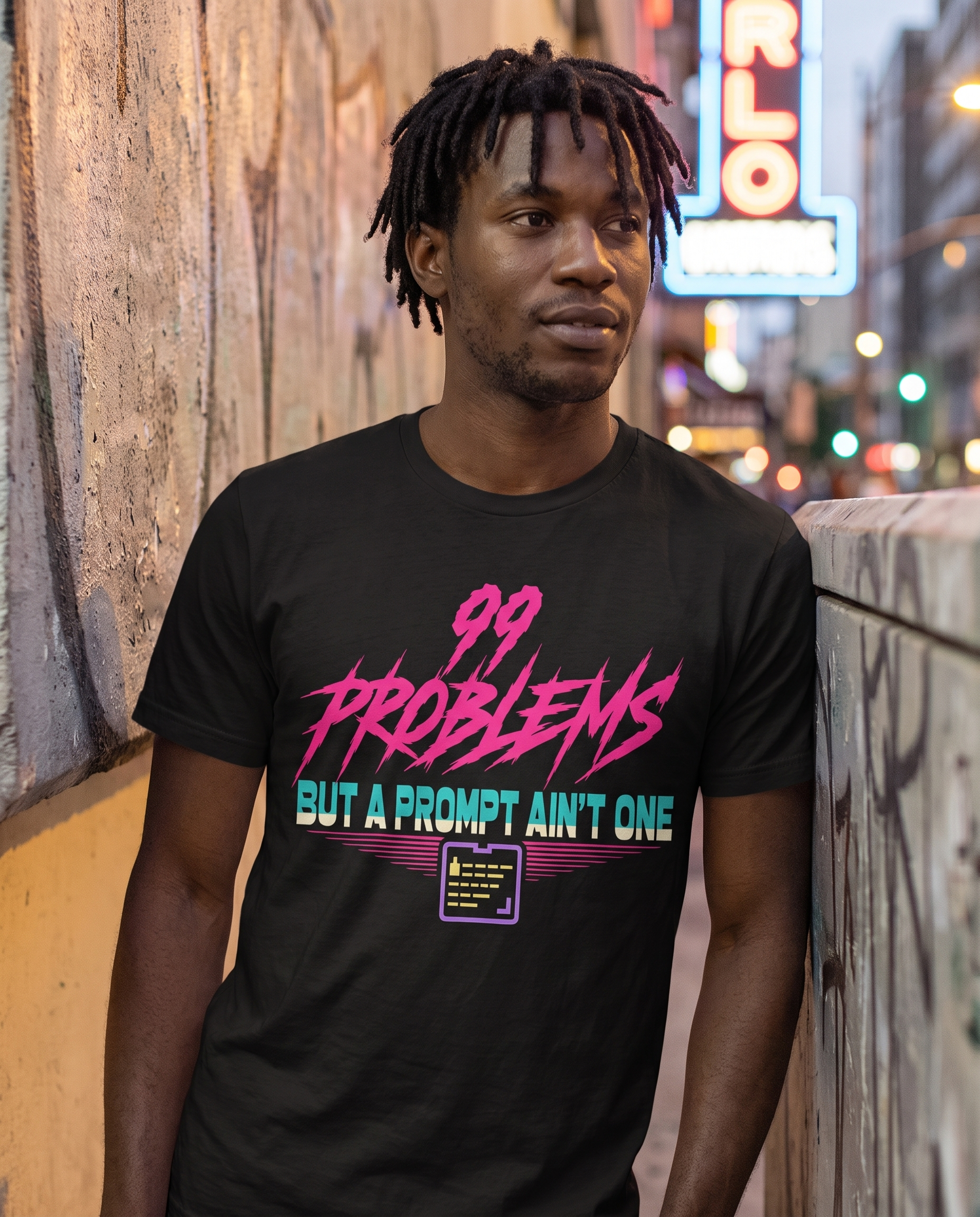 99 PROBLEMS BUT A PROMPT AIN'T ONE tee — black, city night lifestyle
