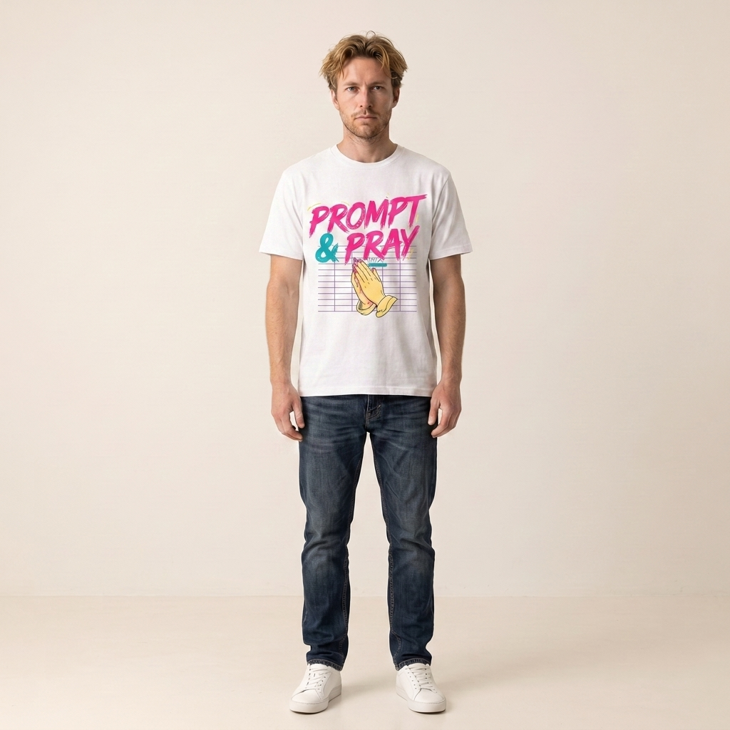 PROMPT & PRAY retro tee in white — synthwave vibe coding shirt on model, front view