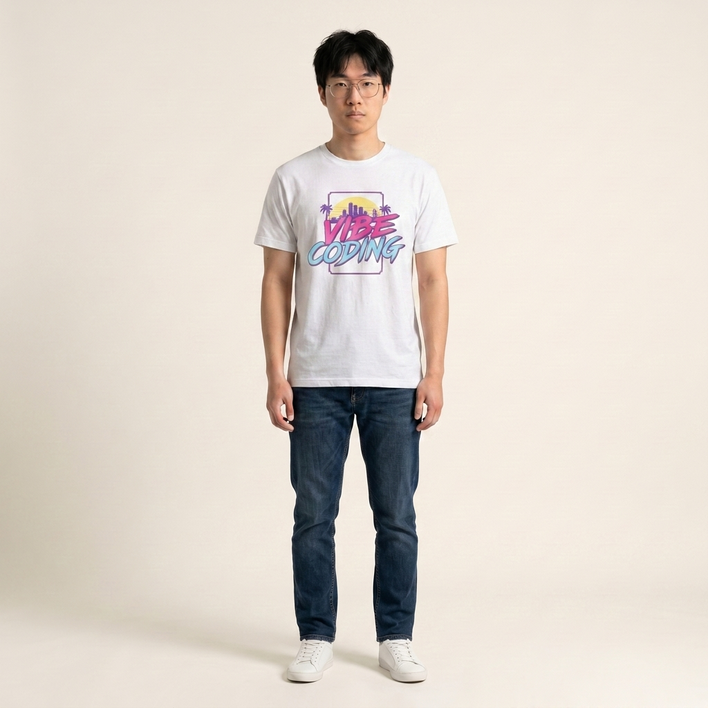 VIBE CODING sunset tee in white — synthwave developer shirt on model, front view