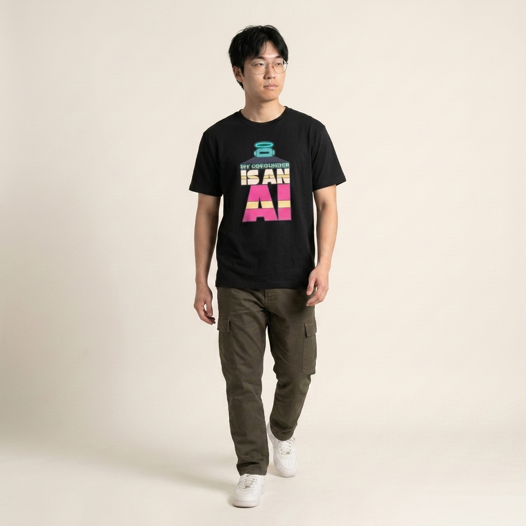 MY COFOUNDER IS AN AI tee — model walking, black shirt front view