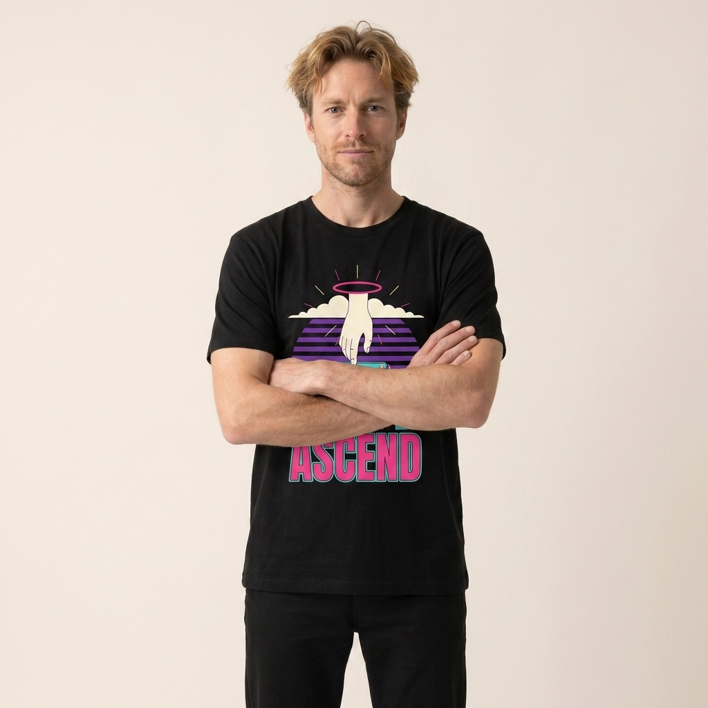CTRL ALT ASCEND tee — model with arms crossed, black shirt front view