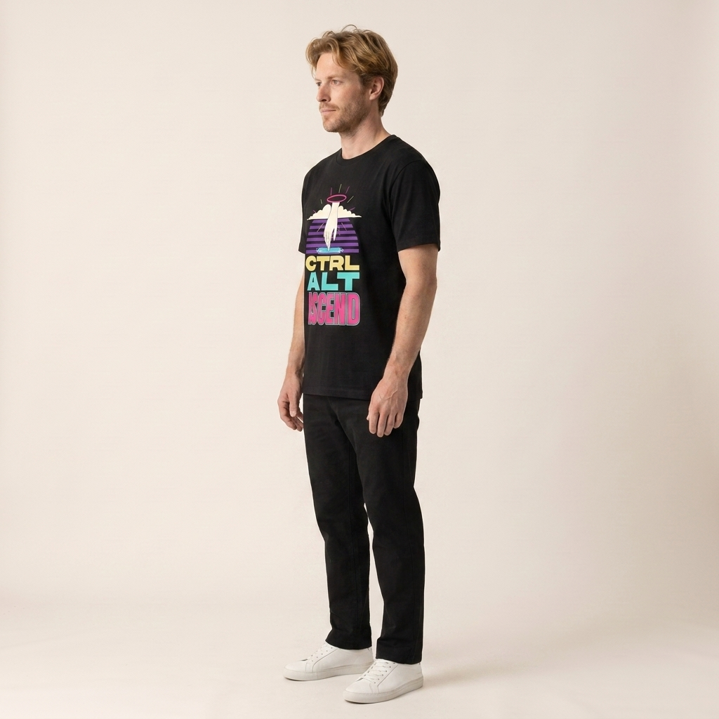 CTRL ALT ASCEND tee — model side profile, black shirt