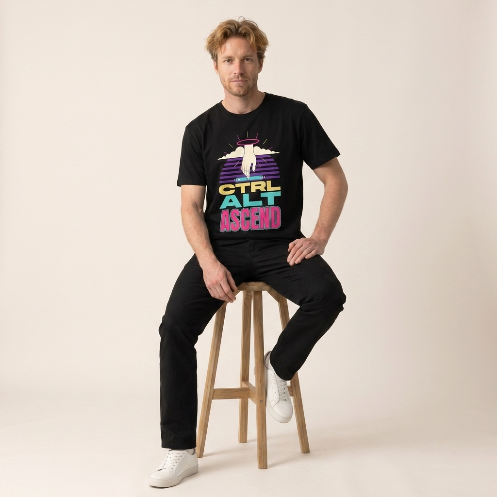 CTRL ALT ASCEND tee — model seated on stool, black shirt front view