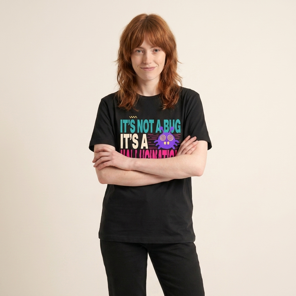 IT'S NOT A BUG IT'S A HALLUCINATION tee — model with arms crossed, black shirt front view
