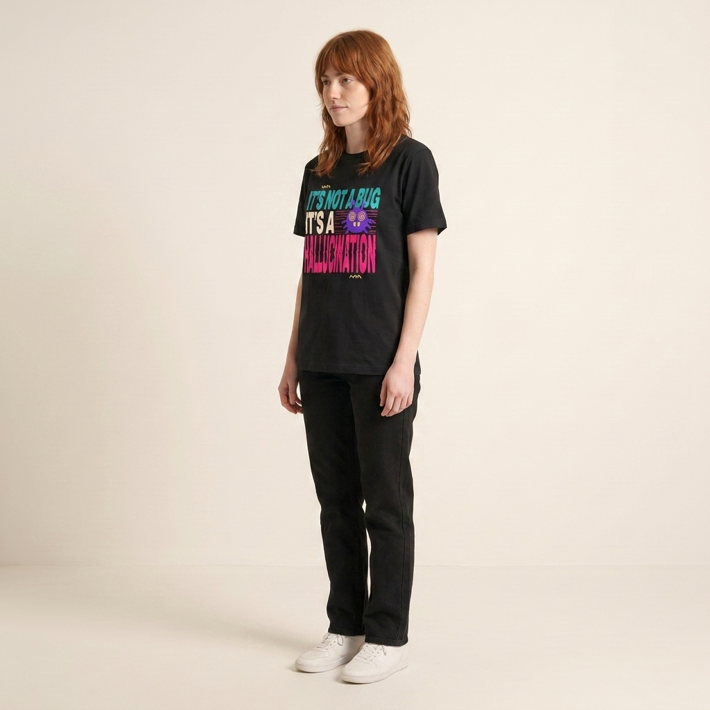 IT'S NOT A BUG IT'S A HALLUCINATION tee — model side profile, black shirt