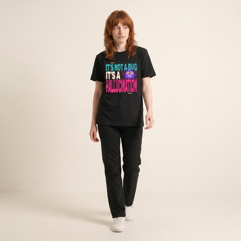 IT'S NOT A BUG IT'S A HALLUCINATION tee — model walking, black shirt front view