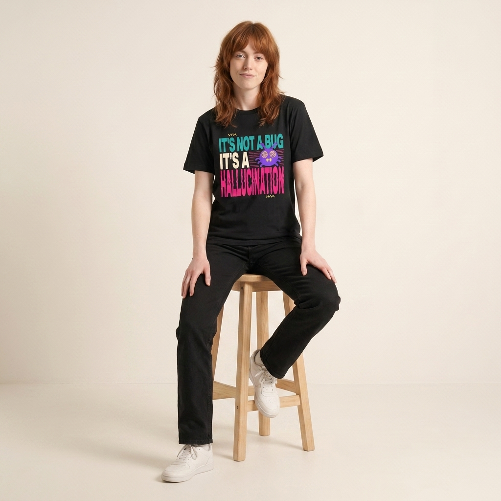 IT'S NOT A BUG IT'S A HALLUCINATION tee — model seated on stool, black shirt front view