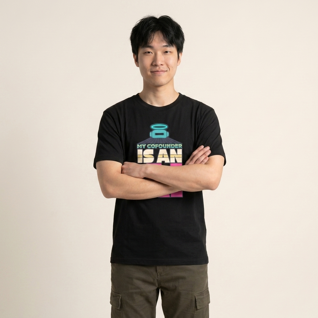 MY COFOUNDER IS AN AI tee — model with arms crossed, black shirt front view
