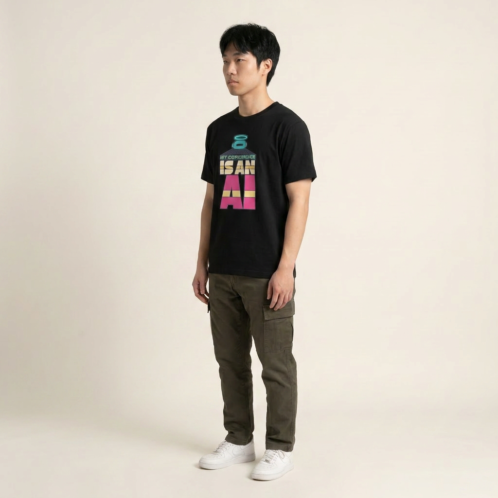 MY COFOUNDER IS AN AI tee — model side profile, black shirt