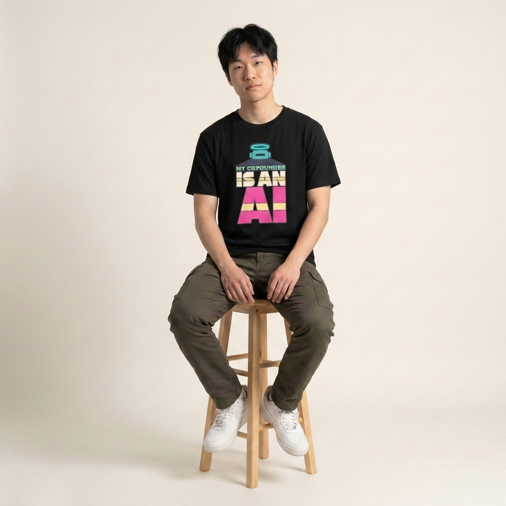 MY COFOUNDER IS AN AI tee — model seated on stool, black shirt front view