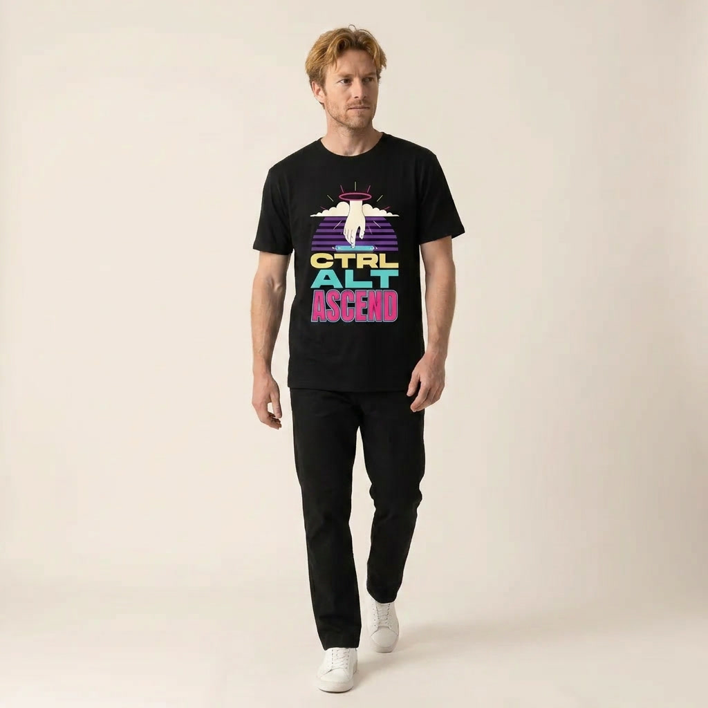 CTRL ALT ASCEND tee — model walking, black shirt front view