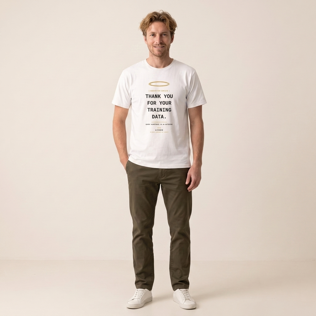 THANK YOU FOR YOUR TRAINING DATA tee in white — AI developer shirt on model, front view