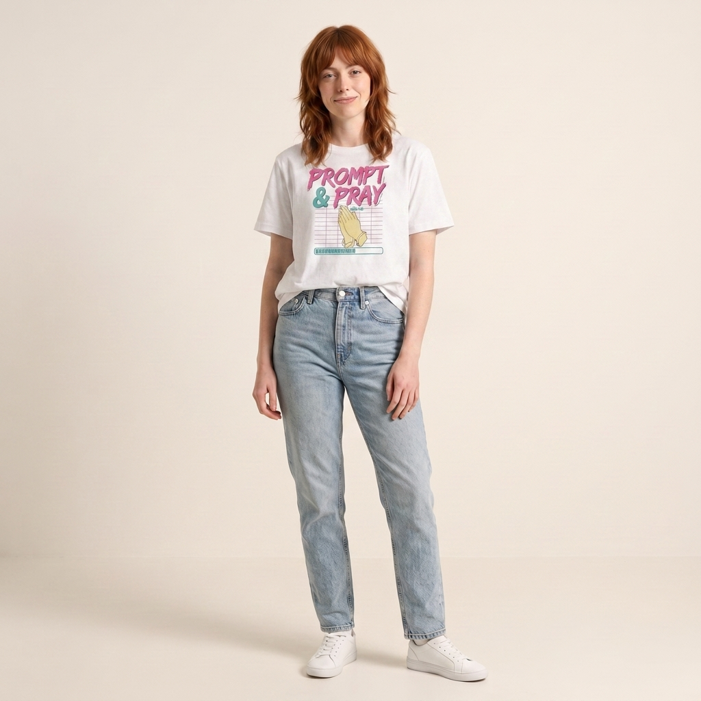 PROMPT & PRAY women's relaxed tee in white — synthwave vibe coding shirt on model, front view