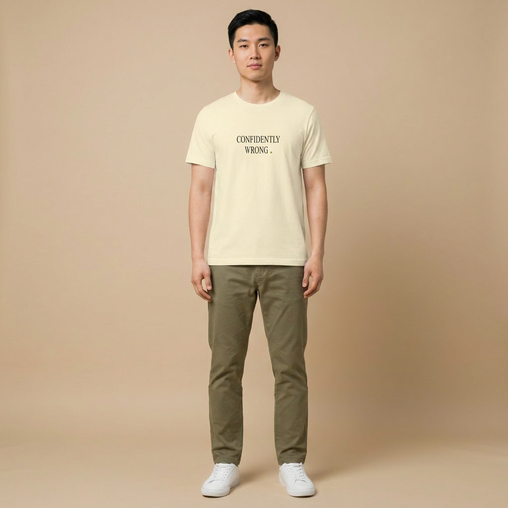 CONFIDENTLY WRONG tee — natural cream shirt on model, serif text design