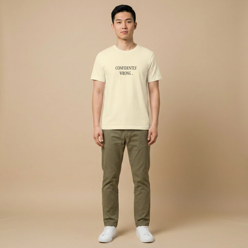 CONFIDENTLY WRONG tee — natural cream shirt on model, serif text design