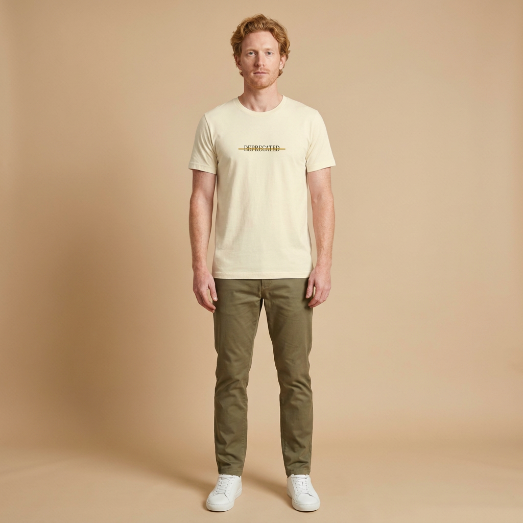 DEPRECATED tee — natural cream shirt on model, gold strikethrough design