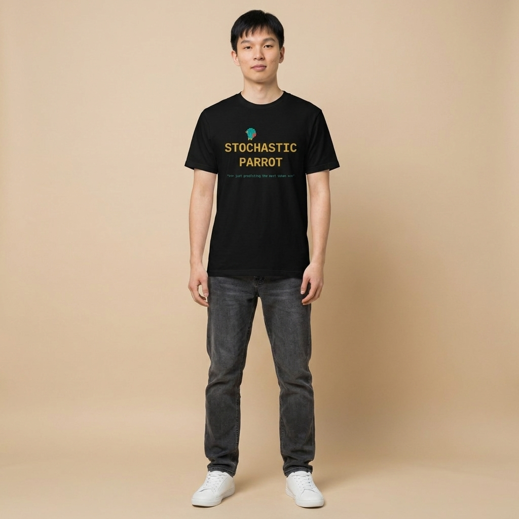 STOCHASTIC PARROT tee — black shirt on model, pixel parrot design